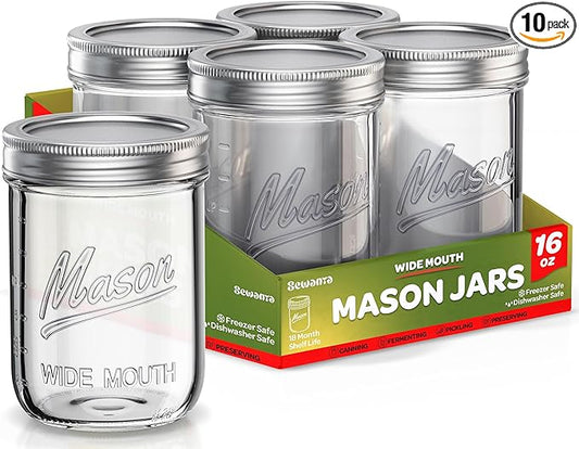 SEWANTA Wide Mouth Mason Jars 16 oz [10 Pack] With mason jar lids and Bands, mason jars 16 oz - For Canning, Fermenting, Pickling - Jar Décor - Microwave/Freeze/Dishwasher Safe.