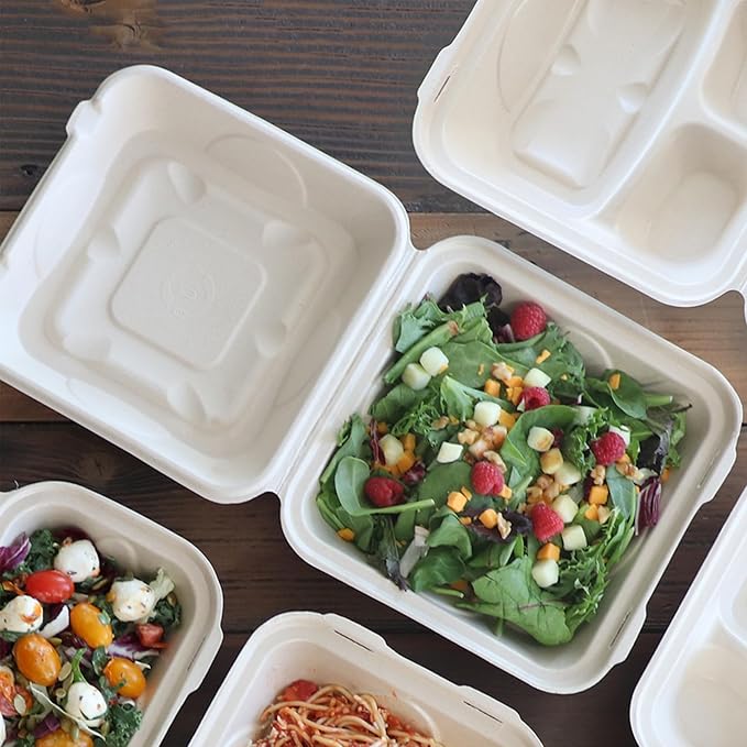 World Centric Compostable Clamshell Containers 9x9x3 - Grease and Moisture Resistant - 100 Pack