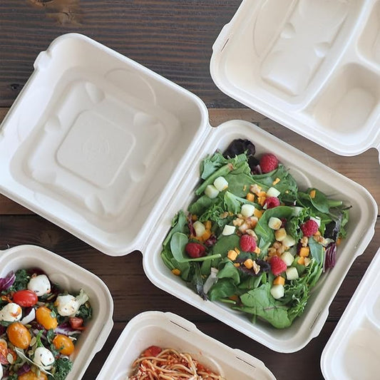 World Centric Compostable Clamshell Containers 9x9x3 - Grease and Moisture Resistant - 100 Pack