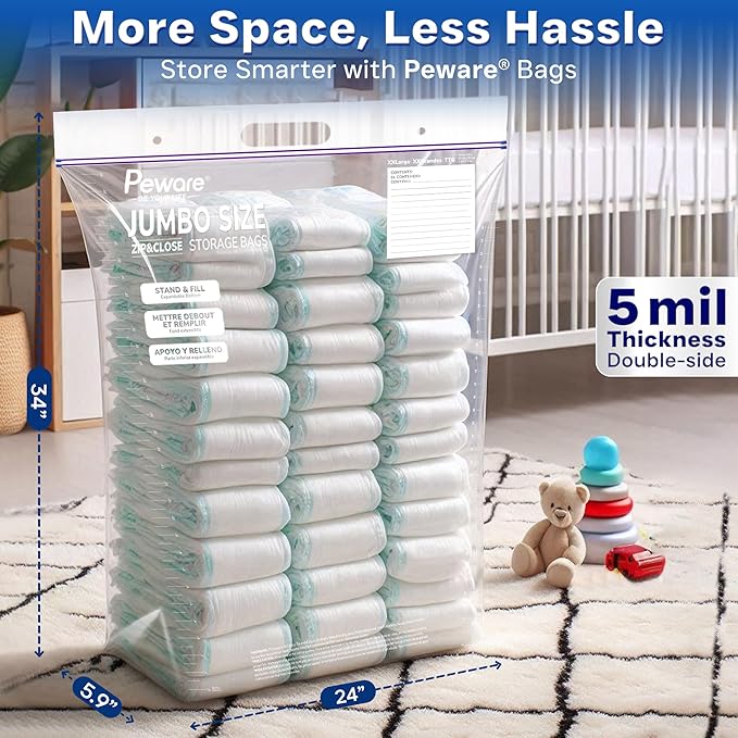 Jumbo Plastic Storage Bags, Extra Large 20Gallon Resealable Zipper Lock Seal Bags for Bedding, Clothes, Travel, and Food, Moving Totes, 24"x34", 5 Pack