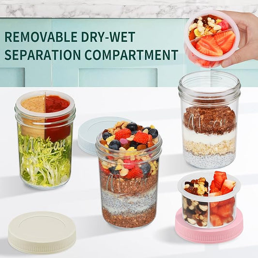 16 oz Overnight Oats Containers with Lids, 6-Pack Leak-Proof Wide Mouth Mason Jars & Separate Compartments for Fruits/Nuts, Airtight Glass Jars for Chia Pudding, Yogurt, Parfait and Salad