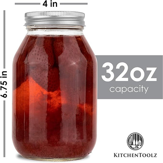 12 Pack of 32oz Mayo Style Glass Mason Jars and Metal Leak Proof Lids for Pickling, Fermenting, Canning and Storing. Containers for Pickles, Kombucha, Preserves, Sauces, Kefir, Fruits,