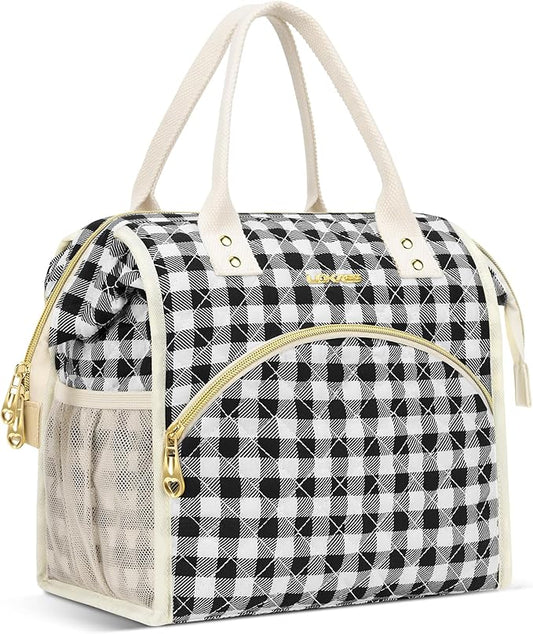 LOKASS Insulated Lunch Bag Women- Reusable 10 L Lunch Box for Women - Leakproof Tote Cooler Bag for Adults Work, Beach, Travel, Picnic （Black&White Diamond Grid）