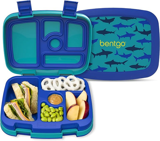 Bentgo Kids Prints Leak-Proof, 5-Compartment Bento-Style Kids Lunch Box - Ideal Portion Sizes for Ages 3-7, Durable, Drop-Proof, Dishwasher Safe, & Made with BPA-Free Materials (Sharks)