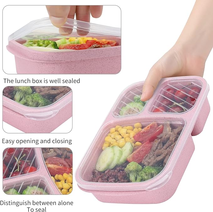 8 Pack Bento Lunch Box Set 3 Compartment Wheat Straw Meal Prep Food Storage Containers Plastic, Microwave and Dishwasher Safe(light colour)