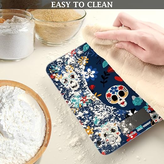 Food Scale Kitchen Digital Scale Food Ounces and Grams Dieting Baking Cooking Waterproof Glass Panels LCD Display,4 Units Scale Tare Function Some Blue Skull