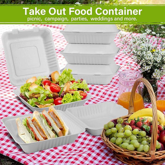 greensight Clamshell Take Out Food Container 100 Pack, 9 x 9 Compostable To Go Containers, Disposable To Go Food Boxes, Biodegradable Made From White Sugarcane Fibers