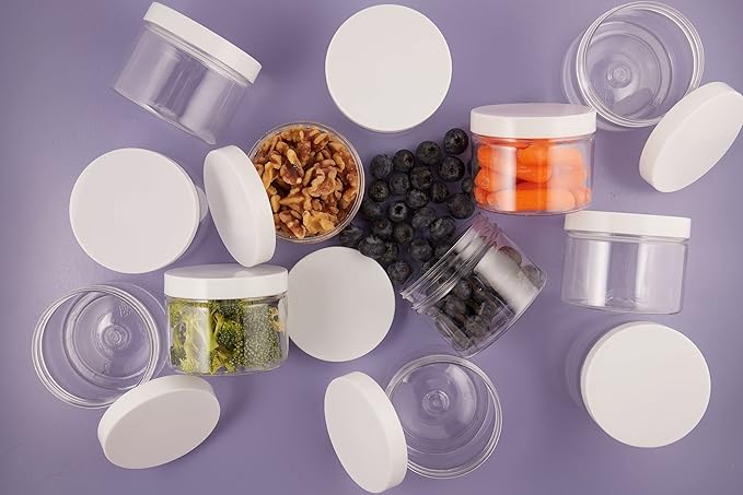 4oz Plastic Jars with Lids - Small Clear Jars with Lids - Lotion Containers with Lids | 4 oz Plastic Mason Jars with lids | Cream and Cosmetic Jars (12 pack) (White)