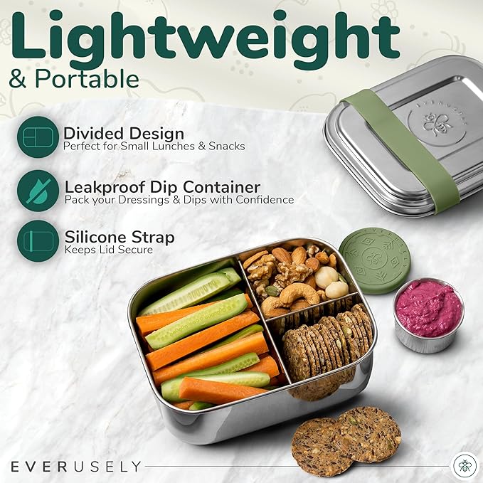 Everusely - Bento Box for Kids - Sage, 6.5x4.7 / 27oz - Stainless Steel Lunch Box w/Leakproof Condiment Container - 3 Compartment Snack Box for School, Office Meals - Freezer & Dishwasher Safe