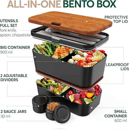 Umami Premium Lunch Box Containers w/ 4 Utensils, 2 Sauce Jars, Nestable Space-Saving Bento Box Adult, 100% Leakproof, Microwavable Lunch Containers for Adults, Sapele Black, 50 oz