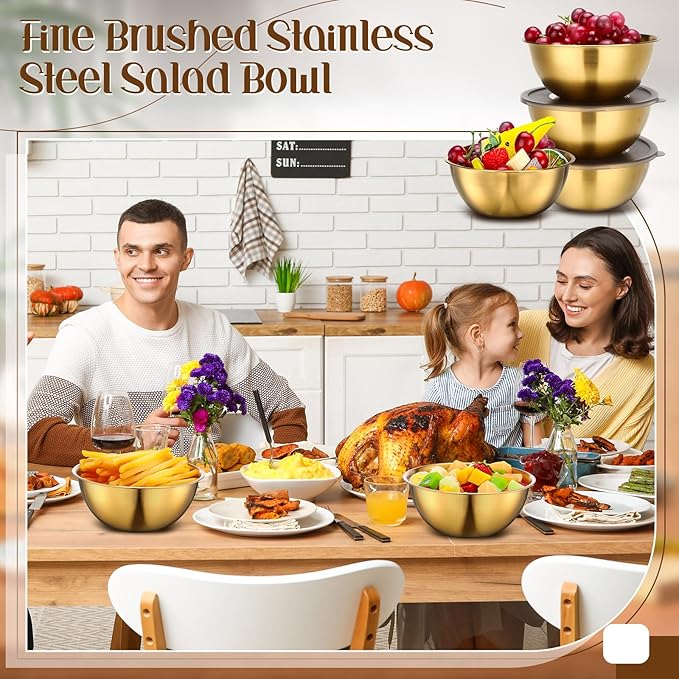 Nuogo 6 Pcs Gold Stainless Steel Mixing Bowl with Airtight Lids 6.7 inch Gold Esthetician Bowls for Easter Ramadan Serving Facial Salad Fruit Snack Soup Cereal Wedding Party