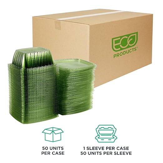 ECO PRODUCTS Compostable 32oz Rectangular Deli Containers With Lids, Pack of 50, Veridian Clear Green Meal Prep, Made from PLA, A Renewable Material Made from Plants, One Lid Fits All