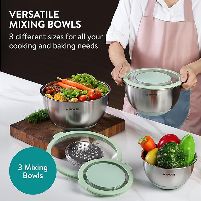 Navaris Stainless Steel Mixing Bowls with Graters (Set of 3) - Baking or Cooking Bowl Set with Lids, Grater Attachments, Non-Slip Silicone Base - Mint Green