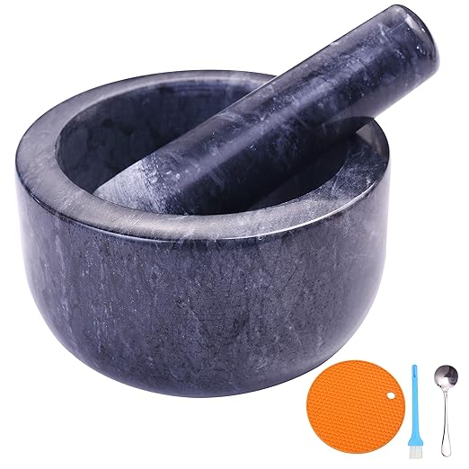 Mortar and Pestle Set Polished Natural Marble Guacamole Molcajete Bowl, 5.5inch Stone Spice Grinder with Silicone Pad, Stainless Steel Spoon and Small brush, 400ml Capacity(Large, Dark Gray)