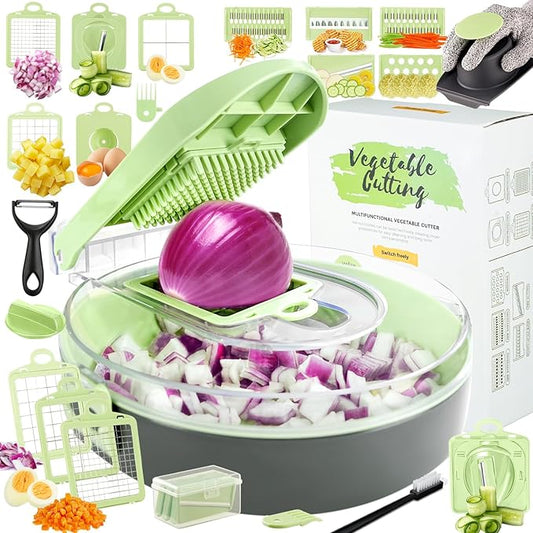 Vegetable Chopper Kitchen Vegetable Slicer & Spiralizer,Manual Mandolin Slicer,Potato Slicer Veg Cutter Salad Julienne,Food Container All in ONE Slicer (Green)