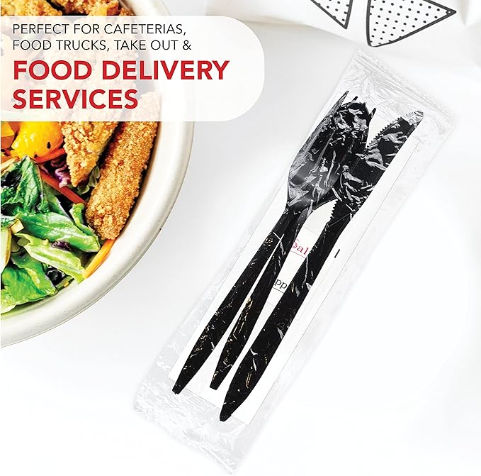 Party Essentials Individually Wrapped Plastic Cutlery Packets/Silverware Kits, Black Fork/Spoon/Knife/Napkin/Salt/Pepper, 100 Sets
