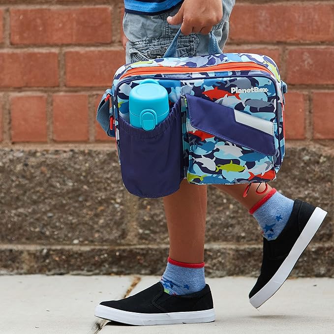 PlanetBox Insulated Lunch Bag Easy to clean and Durable Carry Bag with Pockets for Snacks and Drinks, and adjustable straps Camo Sharks