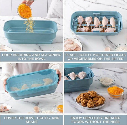 COOK WITH COLOR Collapsible Batter Bowl - Mess Free Breading Shaker Container - Great for Fried Fish, Fried Chicken, Onion Rings, Wings & More, Blue