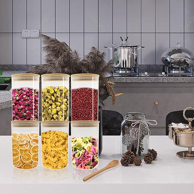 Glass Pantry Storage Containers, 27oz (6 Pack) Borosilicate Glass Food Jars with Airtight Bamboo Lids, 800ml Jar with 6 pcs Wooden Spoons