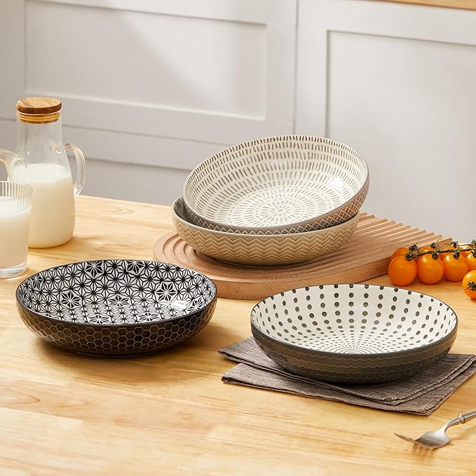 Signature Housewares 26 OZ Shallow Dinner Bowls/Deep Plates Perfect for Spaghetti and Salads - Set of 4 - Large Ceramic Bowls - Colorful Pasta Bowls - Set of 4, Multi-tone Neutral
