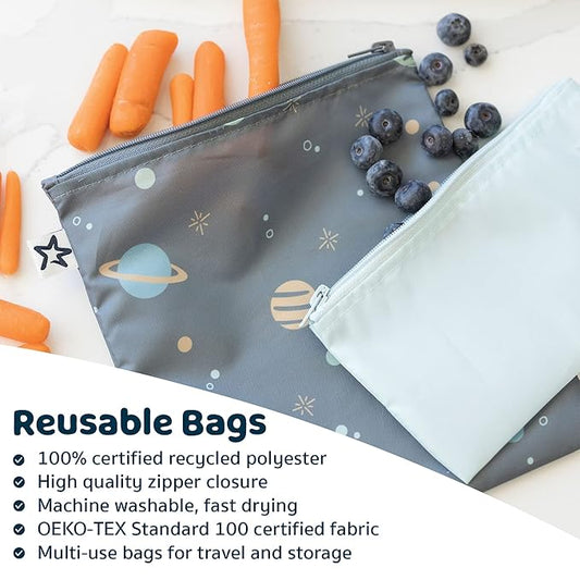 Tiny Twinkle 5 Pack Reusable Snack Bags - Machine Washable, PFAS, PVC, BPA, Phthalate-Free Reusable Baby and Toddler Food Safe Snack Bags (Space)