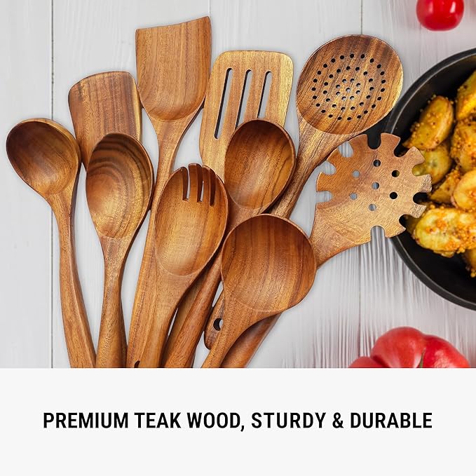 Premium Wooden Spoons for Cooking – 10 Pcs Wooden Utensils Set Teak Wooden Spatulas & Wooden Spoons for Nonstick Cookware – Heat Resistant, Lightweight & Durable
