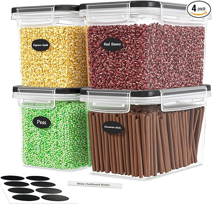 DWËLLZA KITCHEN Airtight Food Storage Container Set - 4 Pieces 3.6L - Plastic BPA Free Kitchen Pantry Storage Containers - Dishwasher Safe - Include 8 Labels and Marker - Keeps Food Fresh & Dry