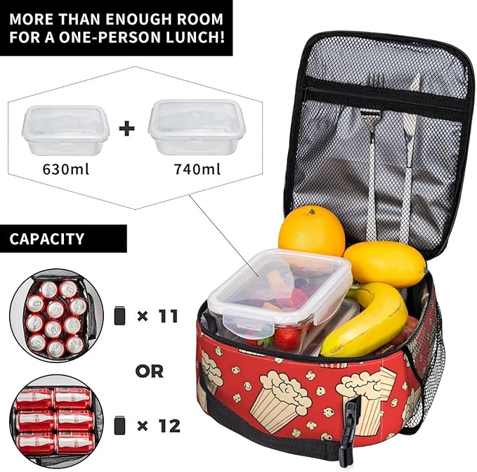 Insulated Lunch Box for Kids Boys Girls, Reusable Lunch Bag for School, Office, Work, Picnic, Travel, Movie Classic Popcorn Lunch Box
