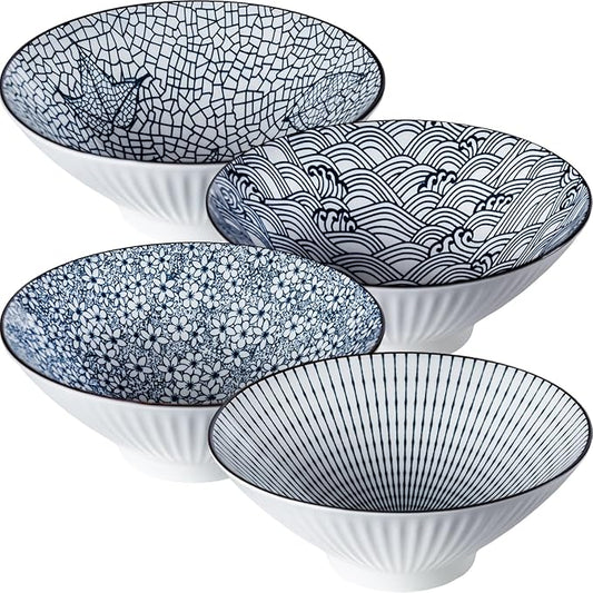 38 oz Japanese Ramen Bowls Set of 4, Large Pho Bowls, 8 Inch Ceramic Blue and White Soup Bowls, Mixing Pattern