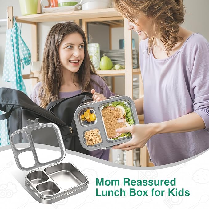 Stainless Steel Lunch Box, 3 Compartments Metal Bento Box for Kids Adults, Leak-Proof Lunch Box for School Office, Dishwasher Safe, BPA-Free, Tritan Lid, Grey