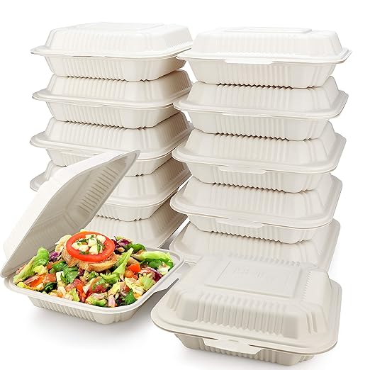 [100 Count] Eco Friendly To Go Containers (8" x 8", 1-Compartment) - Non Soggy, Leak Proof, Disposable To Go Boxes Made From Cornstarch - Microwave Safe and Ideal for Take Out Food Containers, Leftovers, Lunches