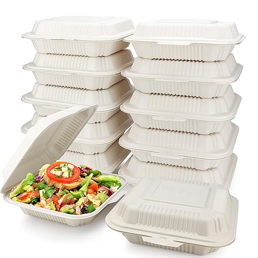 [100 Count] Eco Friendly To Go Containers (8" x 8", 1-Compartment) - Non Soggy, Leak Proof, Disposable To Go Boxes Made From Cornstarch - Microwave Safe and Ideal for Take Out Food Containers, Leftovers, Lunches