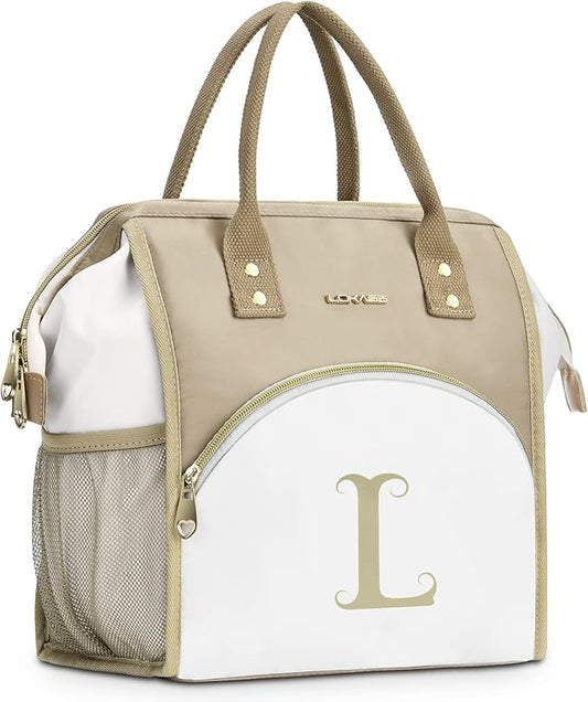 Personalized Lunch Box for Women, Reusable Insulated Lunch Bag, Wide-Open Adult Lunchbox Cooler Lunchbag Snack Organizer, Initial Leakproof Lunch Tote Bag for Picnic Work Outdoors, L