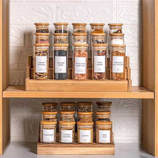 Laramaid 2.5oz 20Packs Glass Jars Set, Round Spice Jars with Bamboo Lids and Customized Labels, Food Storage Container Canisters for Home Kitchen, Spice, Herbs, Seasoning, Seed, Tea, Sugar, Salt