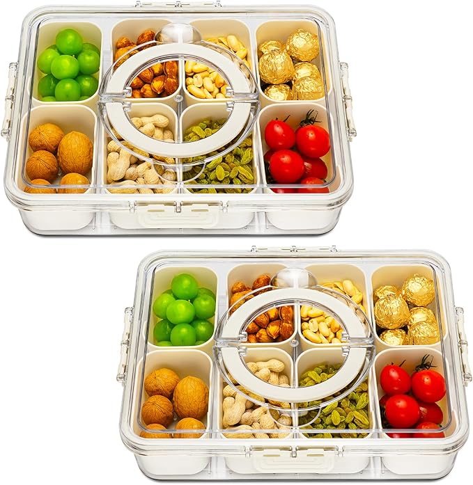 Divided Serving Tray with Lid and Handle,8 Compartments Snacks Box,Snack Fruit Tray,Veggie Tray,Portable Platter for Candy Fruits Nuts Snack Party Entertaining Picnic(2 PCS)