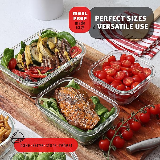 Eatex 32pc Glass Food Storage Containers with Lids, Airtight Glass Meal Prep Containers, 16 Reusable Glass Food Containers with 16 Leakproof Snap Lock Lids Oven Microwave Freezer Safe Lunch Containers