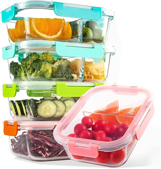 Glass Meal Prep Containers 2 Compartment with Lids (5 Pack, 36oz), Divided Glass Storage Containers for Lunch at Work, Leak-Proof Portion Control Food Containers, Microwave / Dishwasher Safe