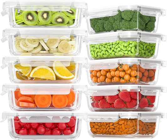 Bayco 10 Pack Glass Meal Prep Containers, Glass Food Storage Containers with Lids, Airtight Glass Lunch Bento Boxes, BPA-Free & Leak Proof (10 lids & 10 Containers) - White
