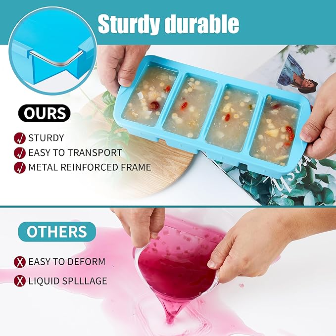 Silicone Freezer Tray with Lid 2 Pack Silicone Freezer Molds - Large Ice Cube Tray - Makes 8 Perfect 1 Cup Portions Soup Cubes Meal Prep Containers- Oven & Dishwasher Safe