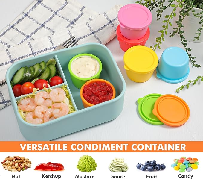 KOLUTI Nonstick Silicone 2.4oz Salad Dressing Container To Go, 6 Pack Small Sauce Storage Box for Lunch Bento, Leak-proof Condiment Portion Cup with Lid, BPA Free, Dishwasher & Microwave & Oven Safe