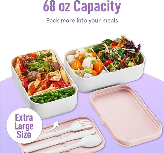 Double Premium Bento Box Adult, 67 fl oz BPA-Free - Dusty Pink Stackable Lunch Box with Leak-Proof Lids & Dividers, Perfect for Meal Prep, Lunches & Portion Control