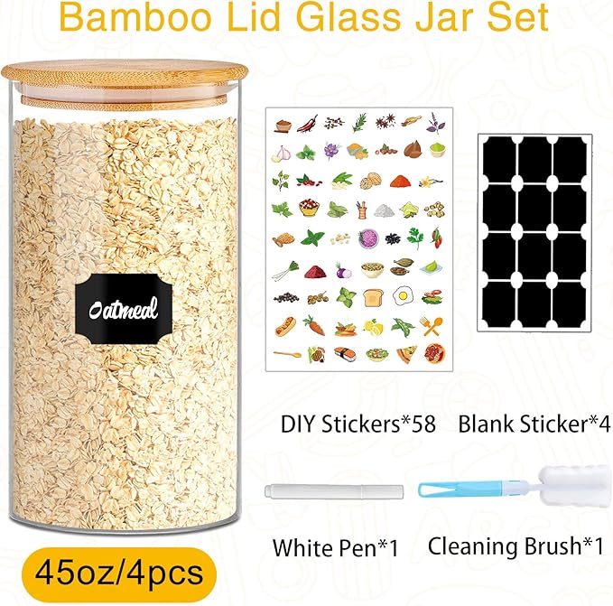 Glass Storage Jars 45 oz 4 Pcs Clear Glass Food Storage Containers with Airtight Bamboo Lid Stackable Kitchen Canisters for Candy,Cookie,Rice,Sugar,Flour,Pasta,Nuts and Spice Jars