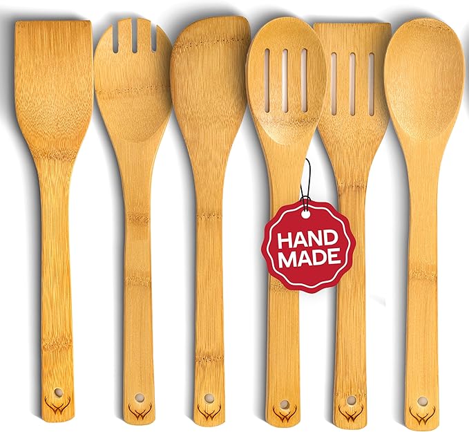 Bamboo Wooden Spoons For Cooking 6Pcs – Eco-friendly Wood Kitchen Utensils Set - Heat-resistant Wooden Utensil Set For Nonstick Cookware, Lightweight Spatula Set, Ideal Mothers Day Gifts