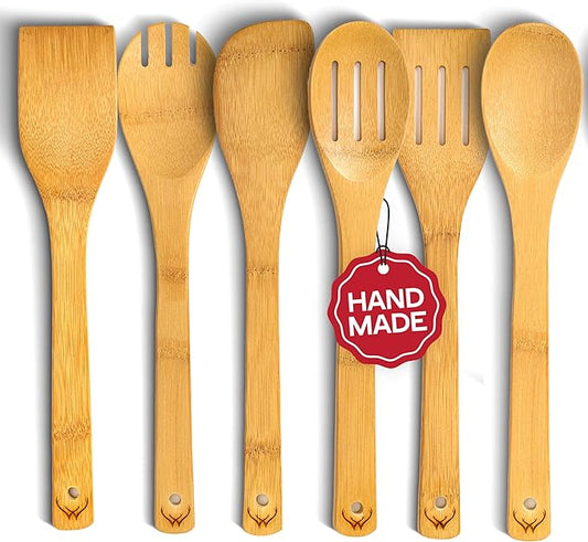 Bamboo Wooden Spoons For Cooking 6Pcs – Eco-friendly Wood Kitchen Utensils Set - Heat-resistant Wooden Utensil Set For Nonstick Cookware, Lightweight Spatula Set, Ideal Mothers Day Gifts