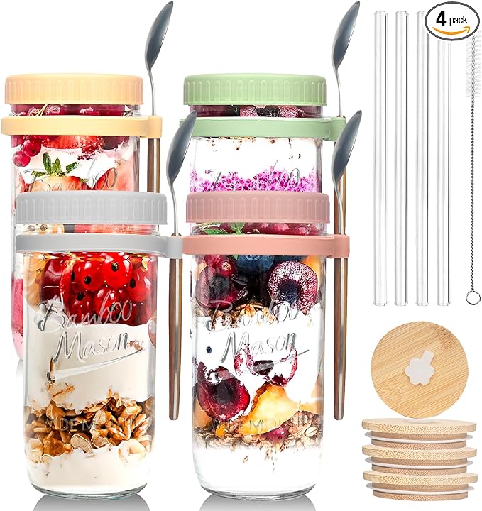 ANOTION Overnight Oats Containers with Lids and Spoons - 4 Pack Mason Jars 24 oz with Lids and Straws - Airtight Glass Meal Prep Containers for Oats Overnight, To Go Yogurt Oatmeal Cereal Pudding Cups