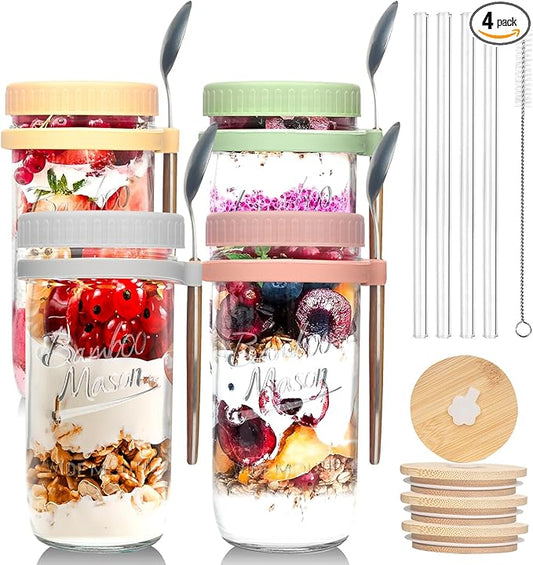 ANOTION Overnight Oats Containers with Lids and Spoons - 4 Pack Mason Jars 24 oz with Lids and Straws - Airtight Glass Meal Prep Containers for Oats Overnight, To Go Yogurt Oatmeal Cereal Pudding Cups