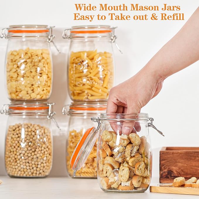 32oz Wide Mouth Mason Jars (12 Pack) – Reusable Airtight Glass Storage Jars with Hinged Lids, BPA-Free & Dishwasher Safe, Perfect for Canning, Pickling, Coffee & Fermenting