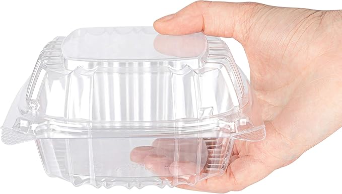 Disposable Plastic To Go Containers with Clear Lids (100 Pack) Fancy Hinged Top Square Clamshell Food Boxes for Take Out, Home Party Togo Clam Shell Box to Carry Cake, Dessert, Small Sandwich