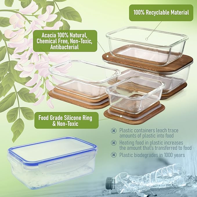 Glass Food Storage Containers With Acacia Lids – Glass Meal Prep Containers – Set of 4 Airtight Stackable Food Storage Kitchen Containers – Eco-Friendly Oven Safe Nesting Lunch Containers