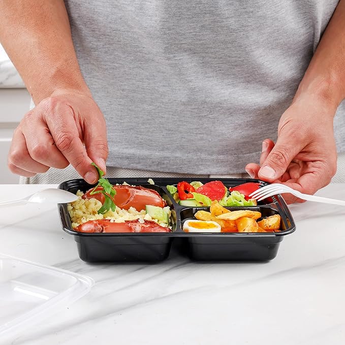 Comfy Package [24 oz - 50 Count 3 Compartment Meal Prep Containers Reusable - Microwaveable, Dishwasher and Freezer Safe, BPA-Free, Portion Control and Convenience Food Storage with Lids, Stackable